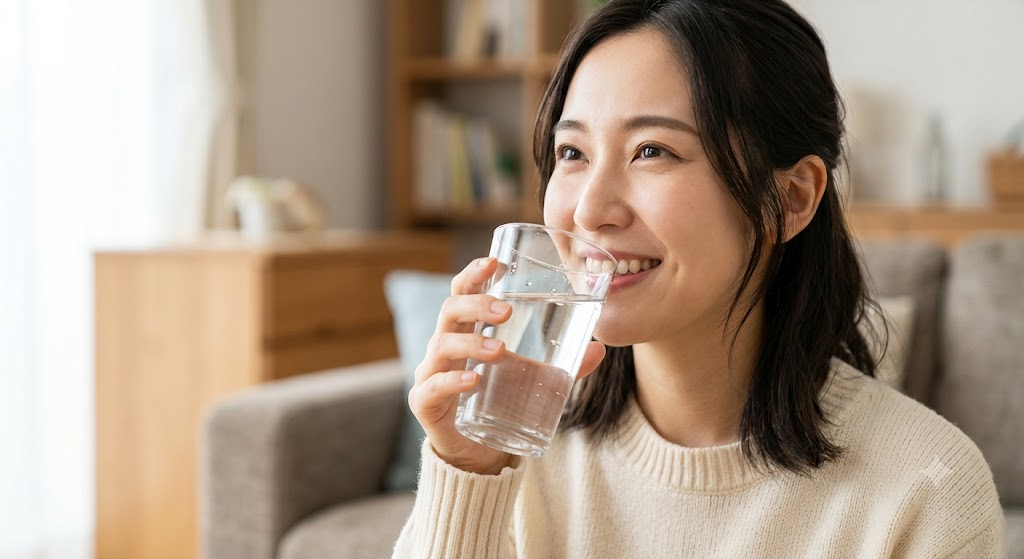 수분 보충을 위해 물을 맛있게 마시는 이미지