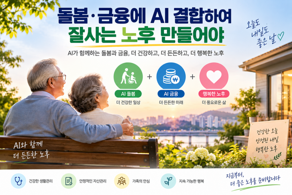 AI 돌봄과 AI 금융을 결합해 건강하고 안정적인 노후를 표현한 대표 이미지