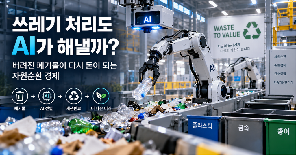 AI 쓰레기 처리, 쓰레기 속에서 AI가 재활용 폐기물을 자동 선별하여 자원을 회수하는 역할을 하는 이미지