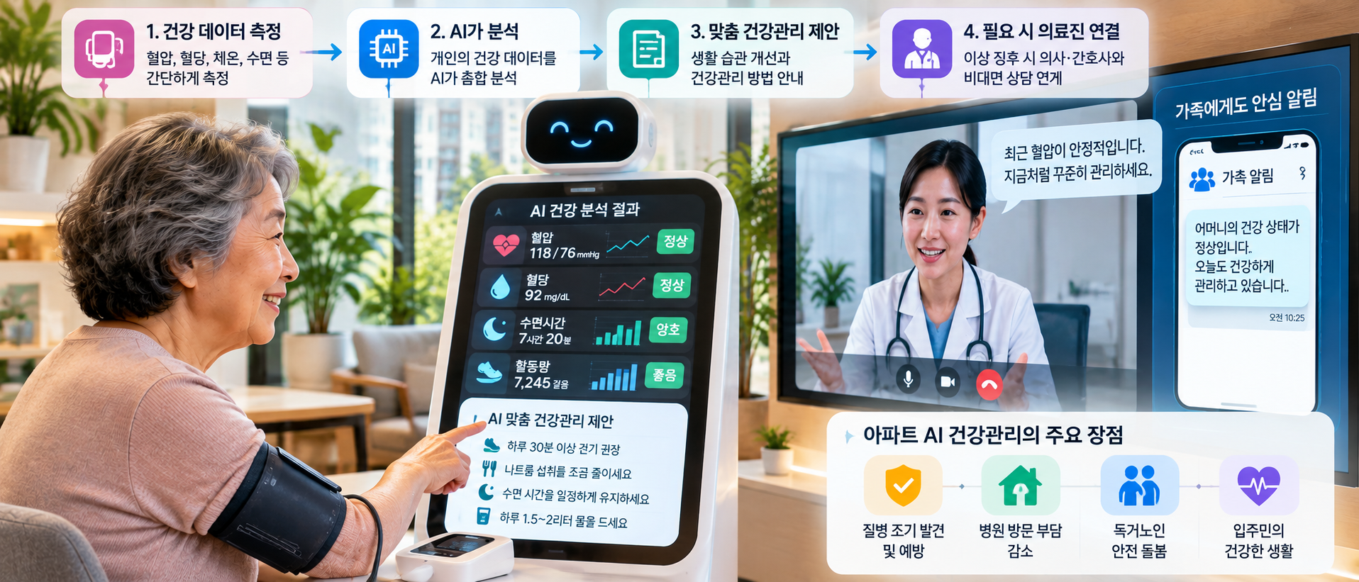 AI 주치의 건강정보 분석과 의료진 연결을 설명하는 아파트 건강관리 서비스 이미지