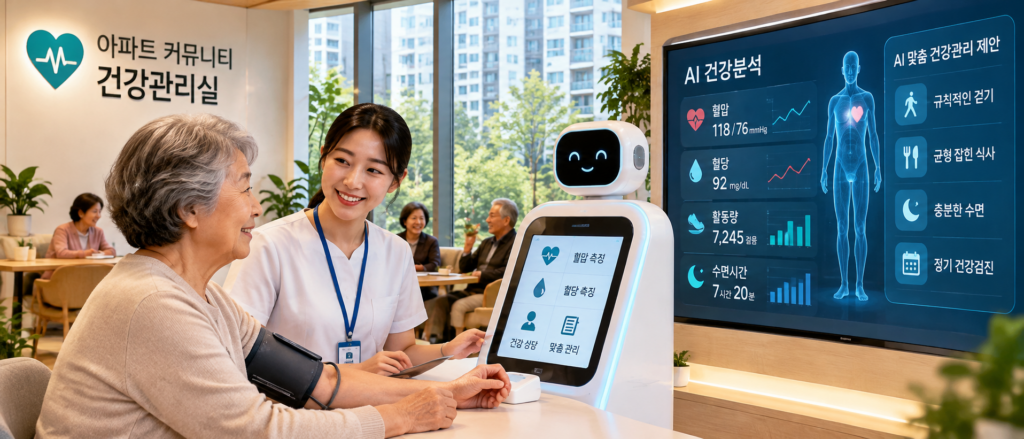 아파트 커뮤니티 건강관리실에서 AI 건강관리 서비스를 이용하는 주민