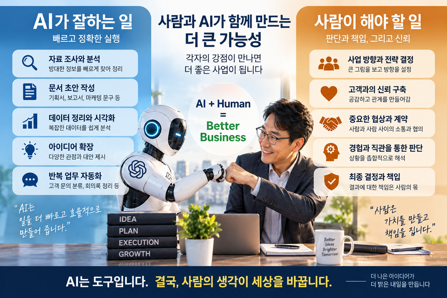 AI가 잘하는 일과 사람이 해야 할 일을 비교한 AI 창업 인포그래픽