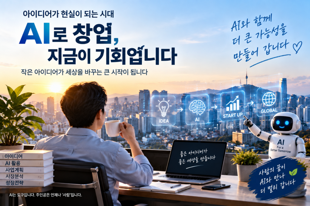 AI와 사람의 판단을 결합해 아이디어를 창업과 글로벌 사업으로 발전시키는 모습을 표현한 대표 이미지