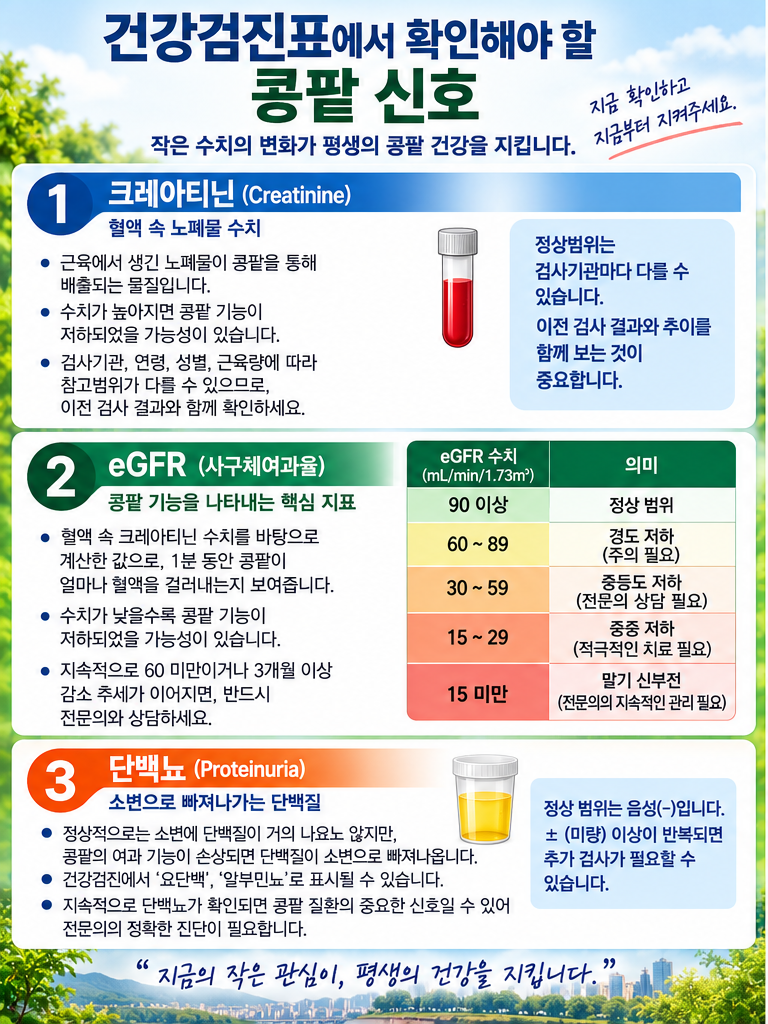 크레아티닌 eGFR 단백뇨를 설명하는 콩팥 건강검진 인포그래픽