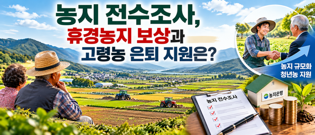 농지 전수조사와 휴경농지 보상, 고령농 은퇴 지원 및 농지 규모화를 설명하는 이미지