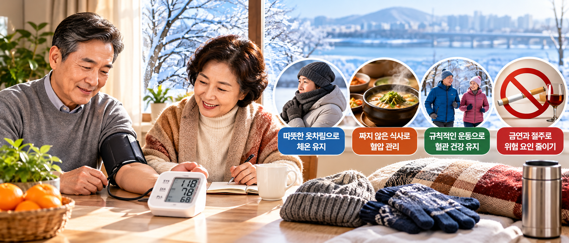 겨울철 뇌동맥류 위험 요인 관리를 위해 혈압을 측정하고 보온과 건강한 생활습관을 실천하는 부부