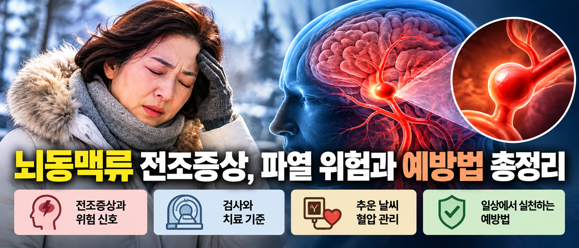 뇌동맥류 전조증상, 파열 위험과 예방법을 설명하는 뇌혈관 의학 이미지