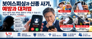 보이스피싱, AI 사칭 전화, 피해 예방과 신고를 강조하는 이미지