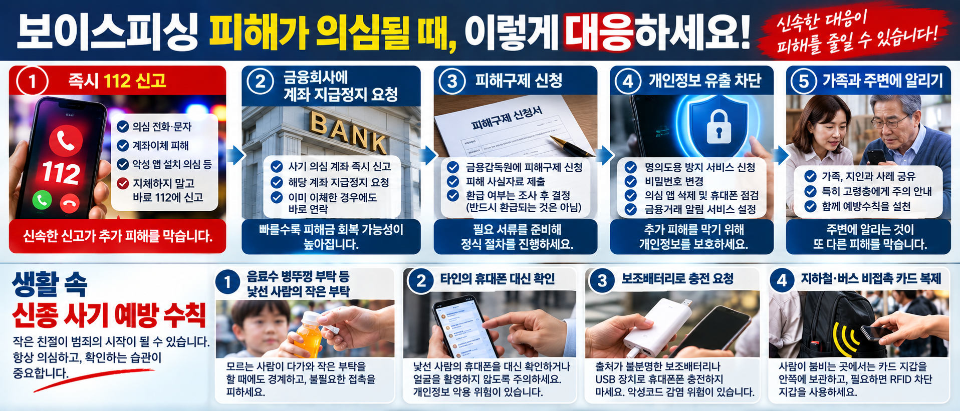 보이스피싱 의심 시 112 신고, 금융회사 지급정지, 피해구제 신청, 개인정보 보호와 생활 속 사기 예방 수칙
