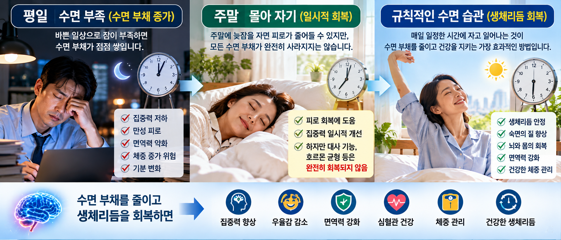 평일 수면 부족, 주말 보충 수면, 규칙적인 수면 습관과 생체리듬 회복을 비교한 인포그래픽