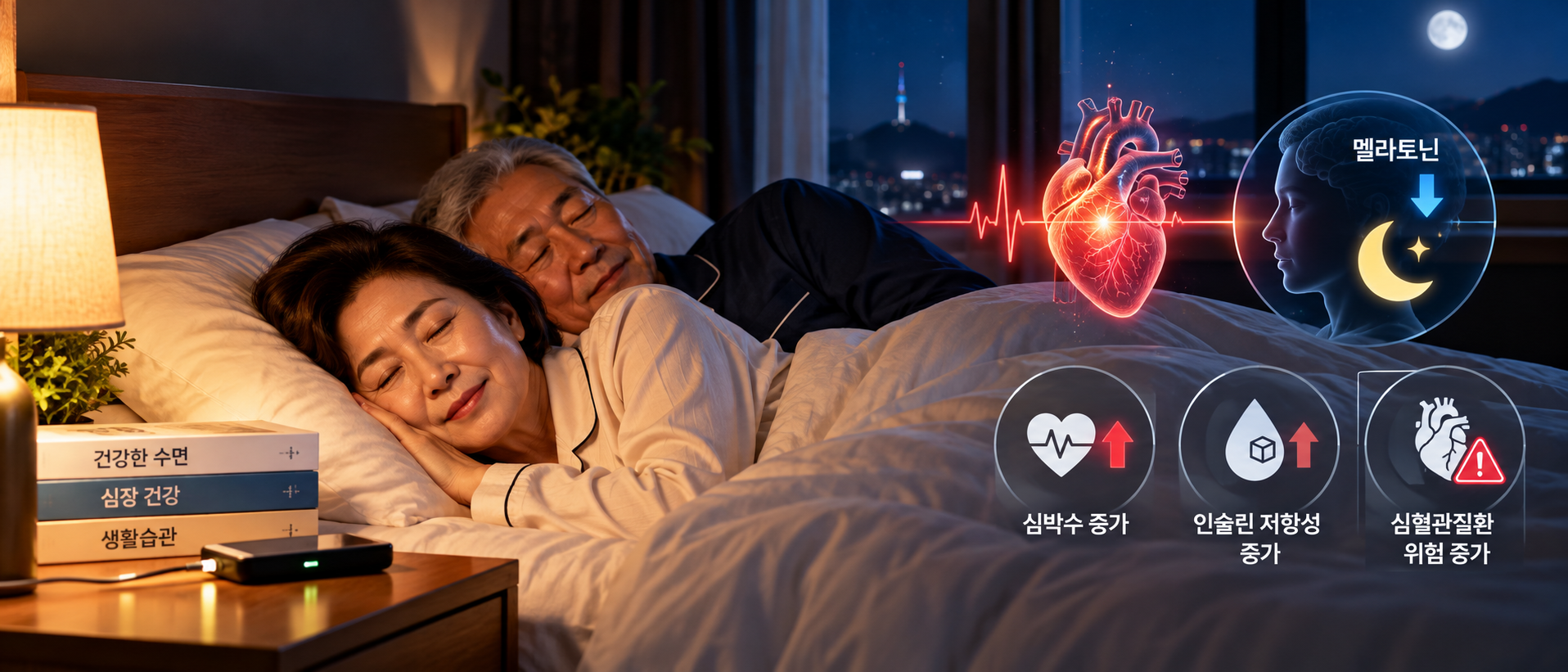 수면 중 조명과 심장 건강의 관계를 설명하는 이미지