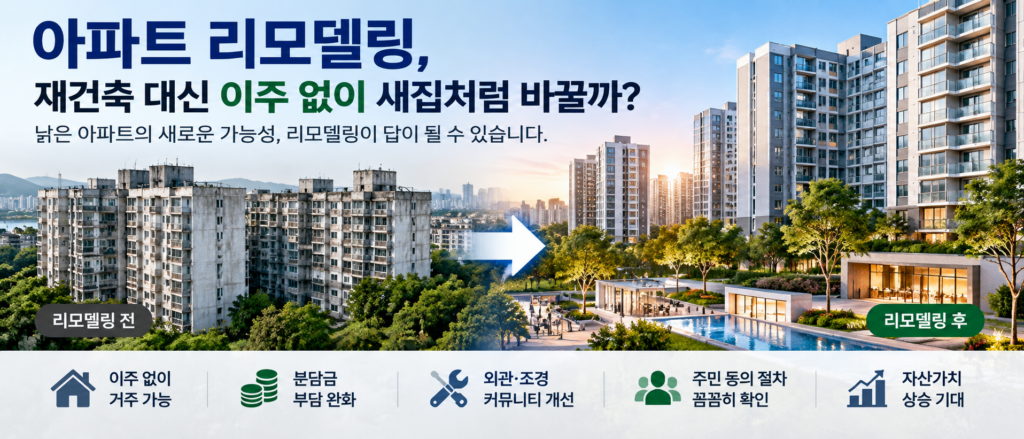 아파트 리모델링 전후 비교, 이주 없는 공용부 개선 사례를 설명하는 이미지