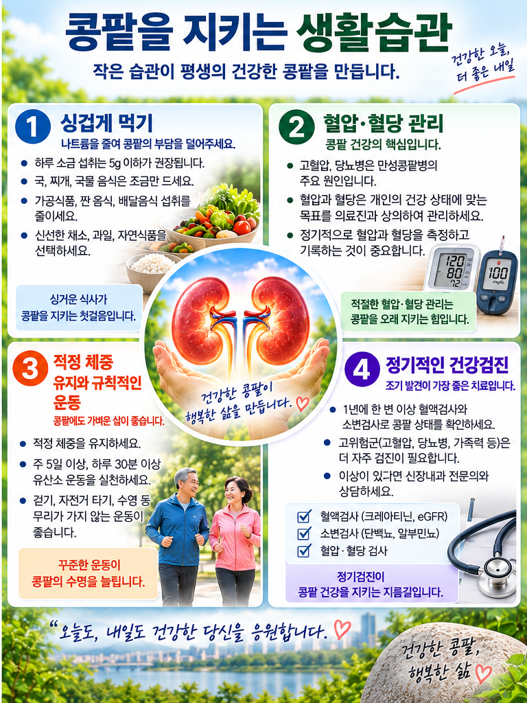 싱겁게 먹기 혈압 혈당 관리 운동 정기검진을 설명하는 콩팥 건강 인포그래픽